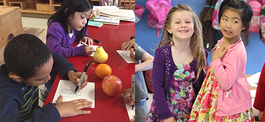 Children create their own book illustrations using the “still life” technique. Two girls are paired during a large group activity.