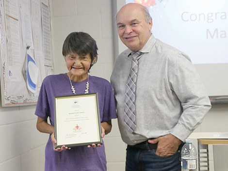 Photo of Marilyn Freda Captain, Manitoba Recipient of the 2022 COF Literacy Award; and Rick Wowchuk, MLA, Swan River