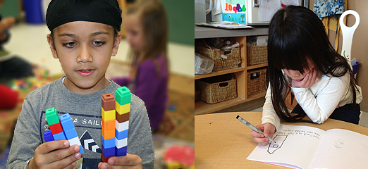 A boy builds with interlocking cubes. A girl illustrates her “story”.