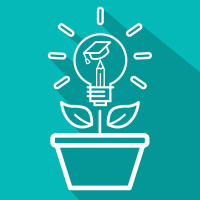 Image of a plant with a glowing lightbulb at the top. Inside the light bulb is a graduation cap and pencil
